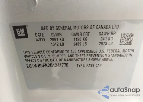 2011 Chevrolet Impala Lt z USA, uszkodzony, nr VIN 2G1WB5EK2B1241778